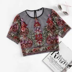 Flower Embroidery Short Sleeve Mesh Blouse