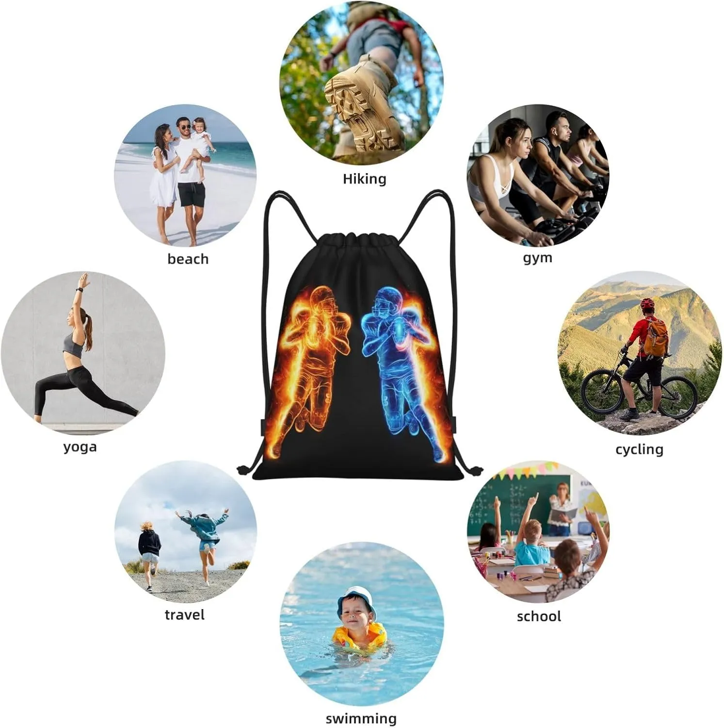 Football Drawstring Bags for Kids Teens Boys, Cool Sports Drawstring Backpack with Printed Two Playing Football Men Pattern, Black Casual Knapsack for Adults for Gym Hiking Swimming Beach Yoga, Small