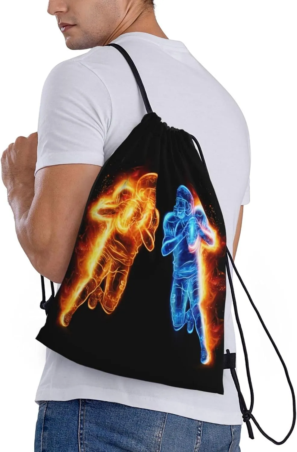 Football Drawstring Bags for Kids Teens Boys, Cool Sports Drawstring Backpack with Printed Two Playing Football Men Pattern, Black Casual Knapsack for Adults for Gym Hiking Swimming Beach Yoga, Small