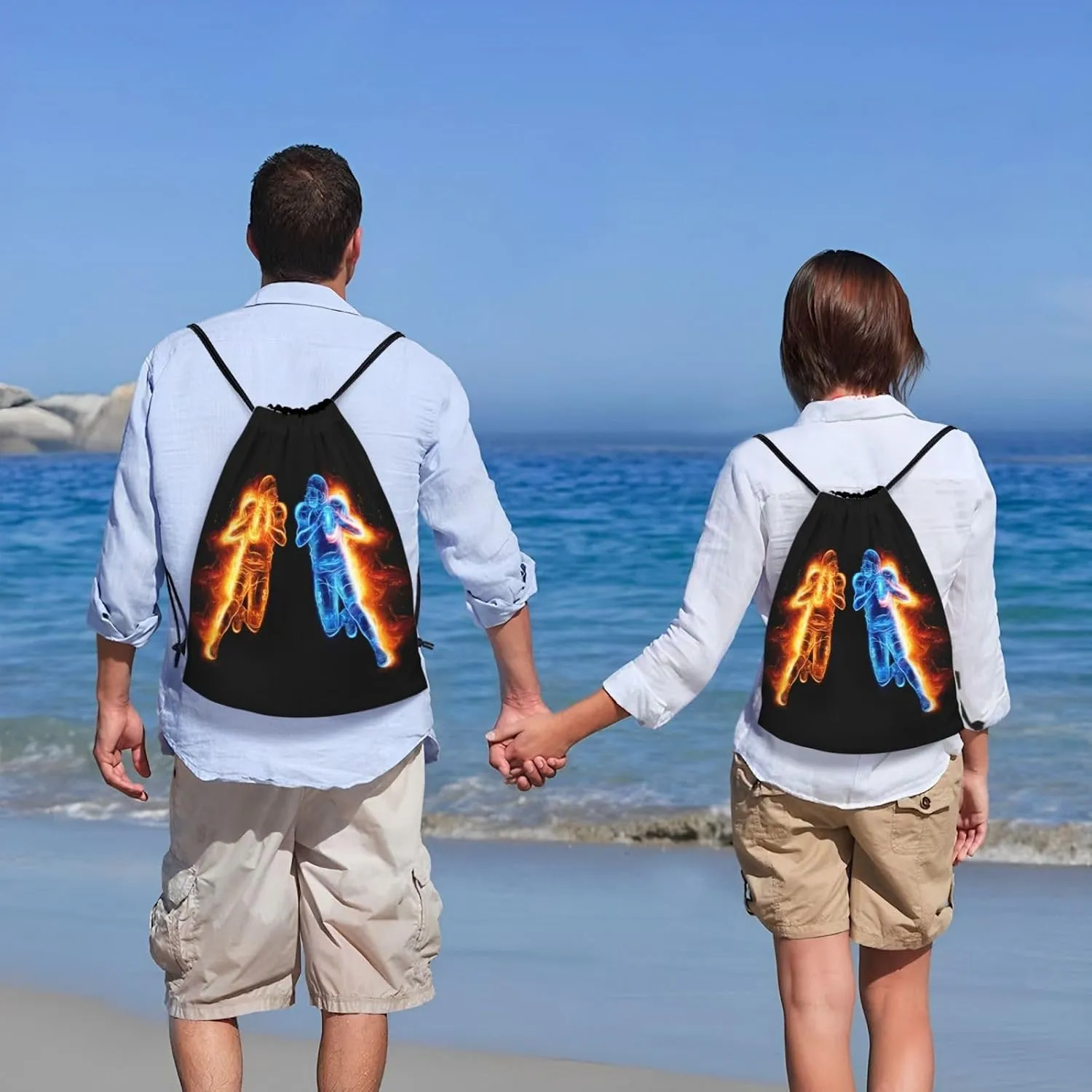 Football Drawstring Bags for Kids Teens Boys, Cool Sports Drawstring Backpack with Printed Two Playing Football Men Pattern, Black Casual Knapsack for Adults for Gym Hiking Swimming Beach Yoga, Small