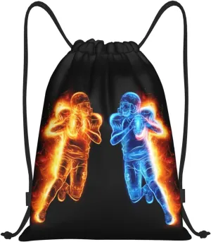 Football Drawstring Bags for Kids Teens Boys, Cool Sports Drawstring Backpack with Printed Two Playing Football Men Pattern, Black Casual Knapsack for Adults for Gym Hiking Swimming Beach Yoga, Small