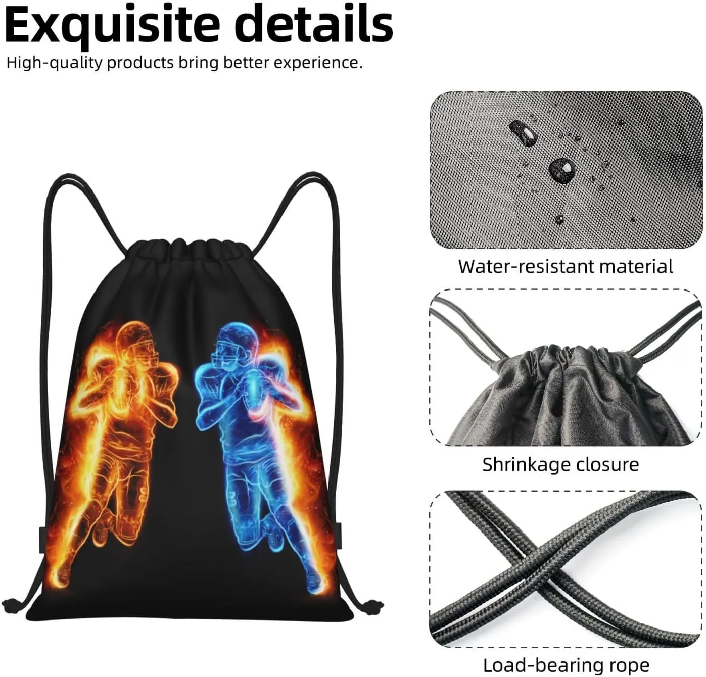 Football Drawstring Bags for Kids Teens Boys, Cool Sports Drawstring Backpack with Printed Two Playing Football Men Pattern, Black Casual Knapsack for Adults for Gym Hiking Swimming Beach Yoga, Small