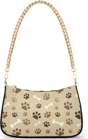 Footprints and Bones Shoulder Handbags for Women Travel Brown Hobo Tote Handbag Women Gold Chain Shoulder Bags Purse with Zipper Closure