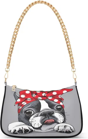French Bulldog Portrait Shoulder Handbags for Women Travel Hobo Tote Handbag Women Gold Chain Shoulder Bags Purse with Zipper Closure
