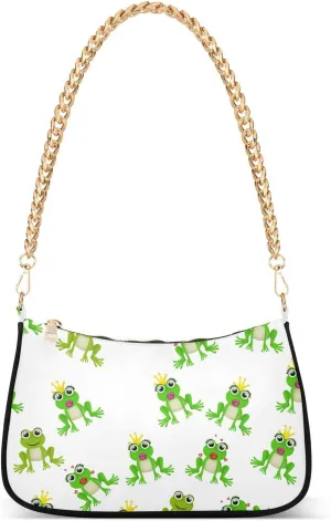 Frog Prince Princess Shoulder Handbags for Women Travel Hobo Tote Handbag Women Gold Chain Shoulder Bags Purse with Zipper Closure
