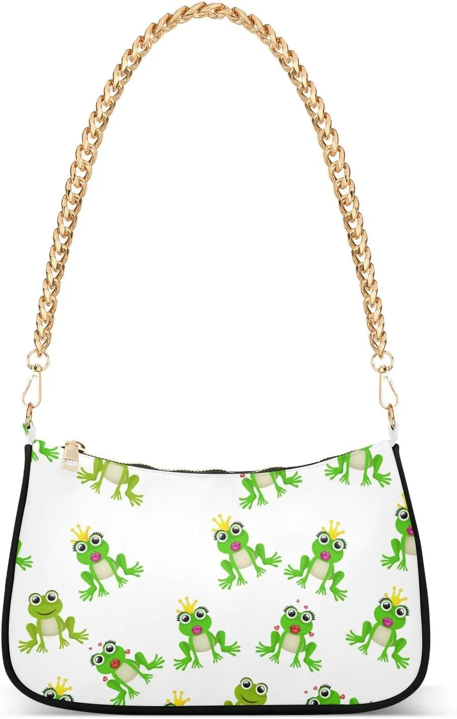 Frog Prince Princess Shoulder Handbags for Women Travel Hobo Tote Handbag Women Gold Chain Shoulder Bags Purse with Zipper Closure
