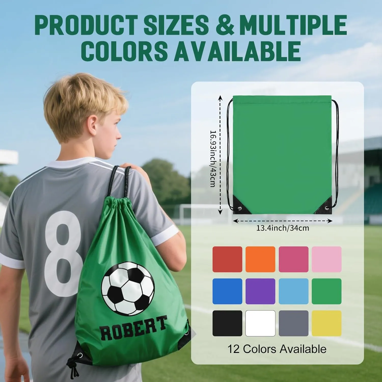 Fyore Custom Drawstring Backpacks, Bulk Personalized Drawstring Sports Bags with Soccer and Name for Gym Beach Climb Trips Party Team Events- 13.4x17Inch,12 Colors