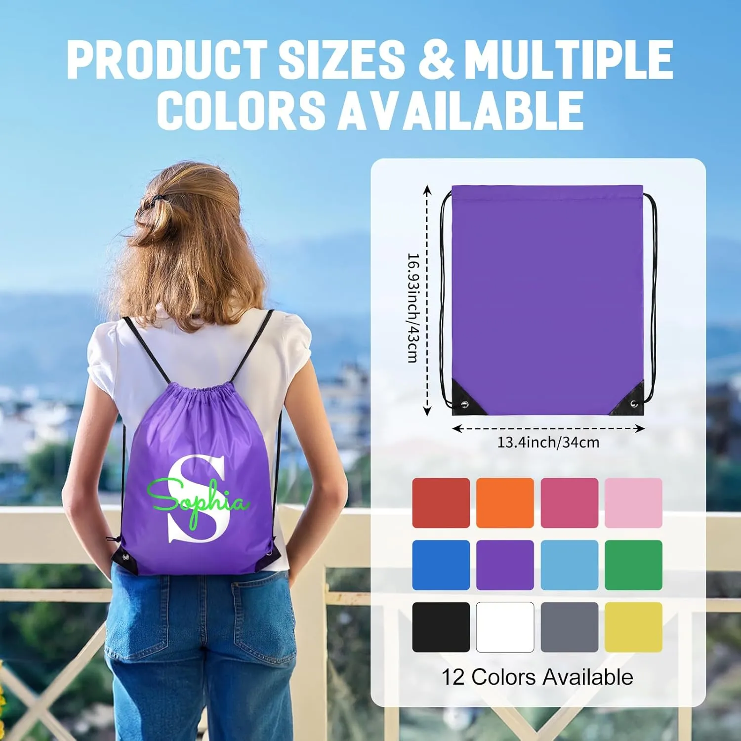 Fyore Custom Drawstring Backpacks, Bulk Personalized Drawstring Sports Bags with Your Text Name Numbers for Gym Beach Climb Trips Party Events- 13.4x17Inch,12 Colors