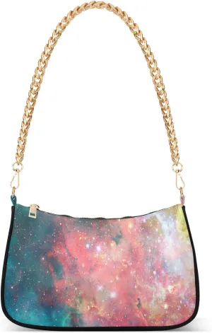 Galaxy Planet Space Shoulder Handbags for Women Travel Hobo Tote Handbag Women Gold Chain Shoulder Bags Purse with Zipper Closure