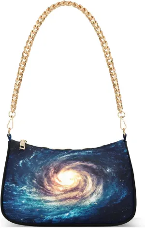 Galaxy Spiral Shoulder Handbags for Women Travel Hobo Tote Handbag Women Gold Chain Shoulder Bags Purse with Zipper Closure