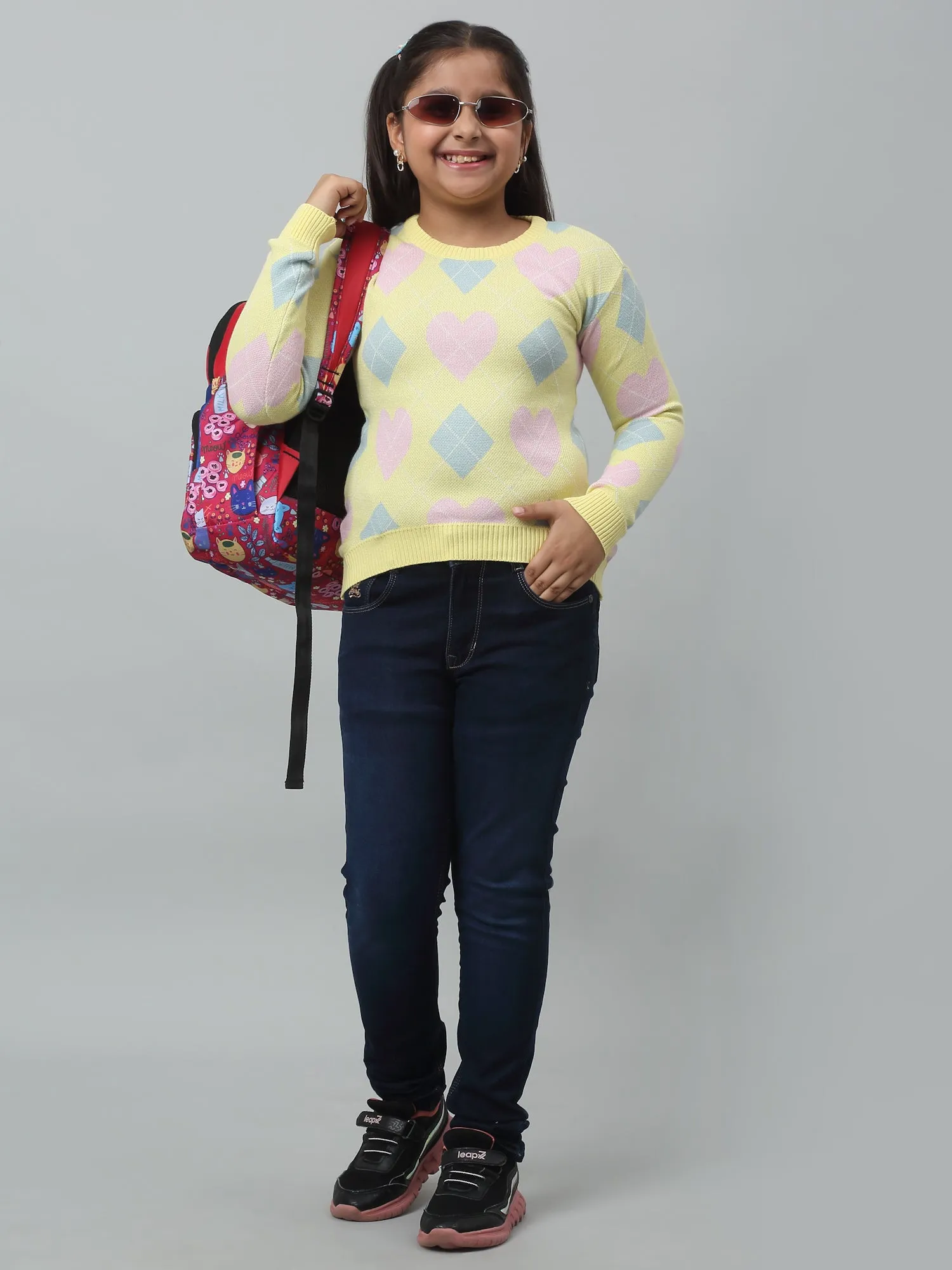 Girls Yellow Acrylic Geometric Print Sweater For Winter