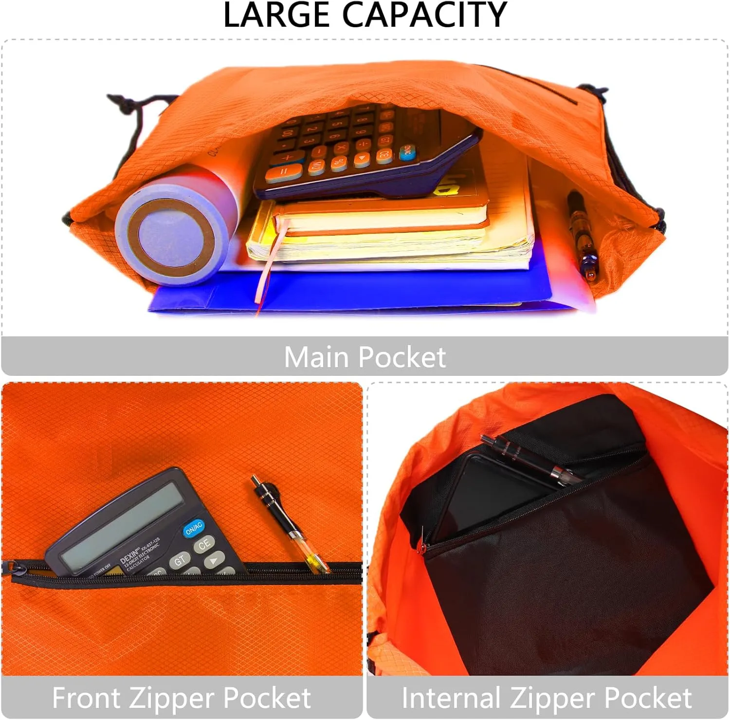 GoodtoU Drawstring Back Bag with Zipper Pocket - Waterproof Swim Gym Backpack for Men & Women (Orange 2 pcs)