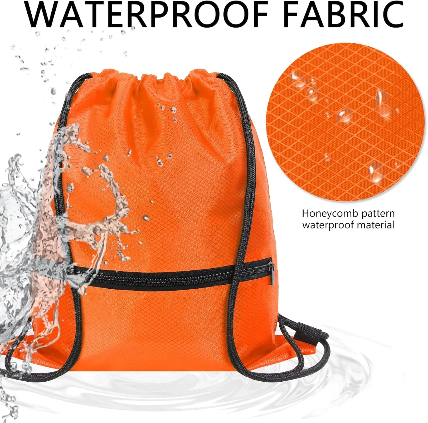 GoodtoU Drawstring Back Bag with Zipper Pocket - Waterproof Swim Gym Backpack for Men & Women (Orange 2 pcs)
