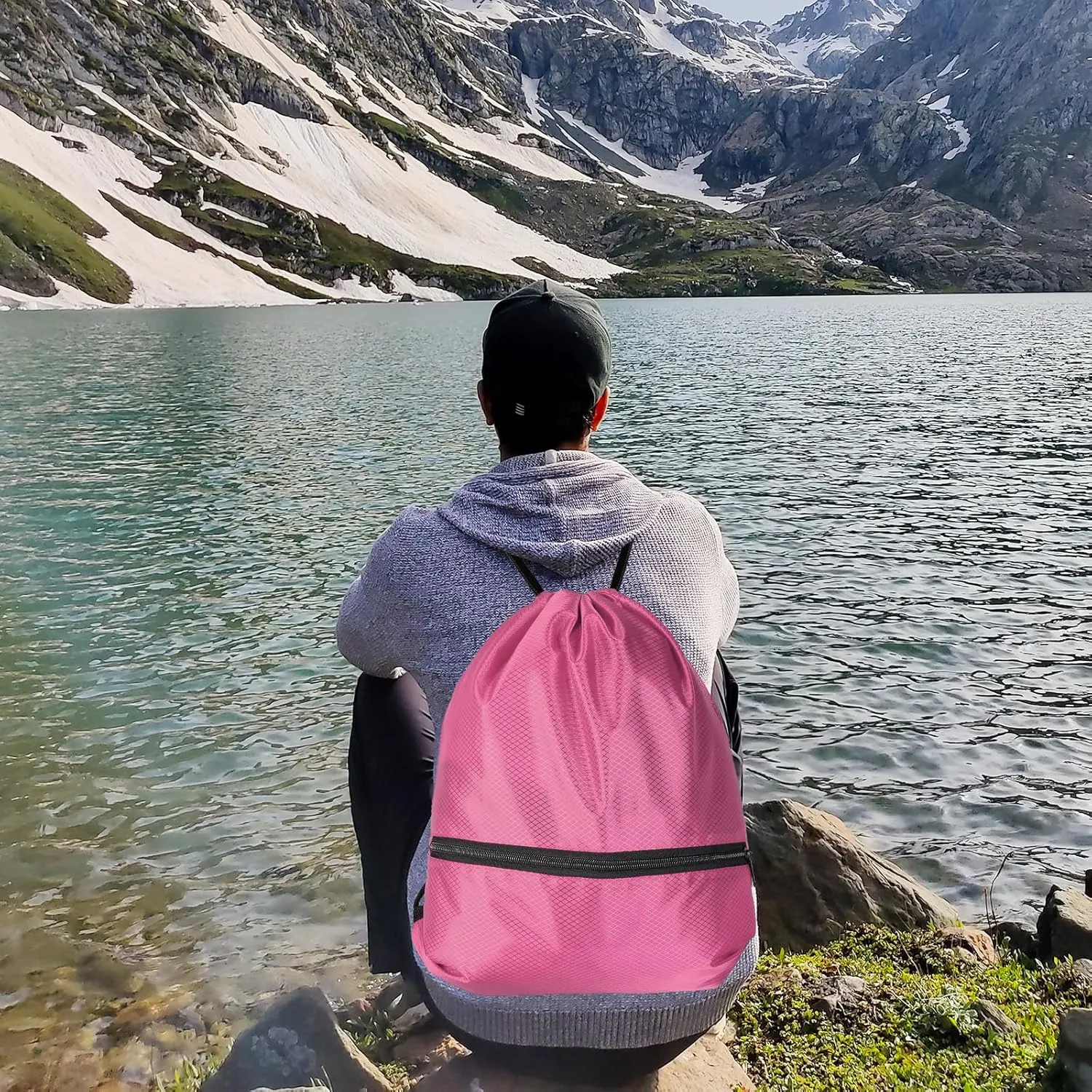 GoodtoU Drawstring Backpack Waterproof, Draw String Back Bag with Zipper Pocket Cinch Bags Swim Gym Backpack for Men Women (Pink 2 pcs)