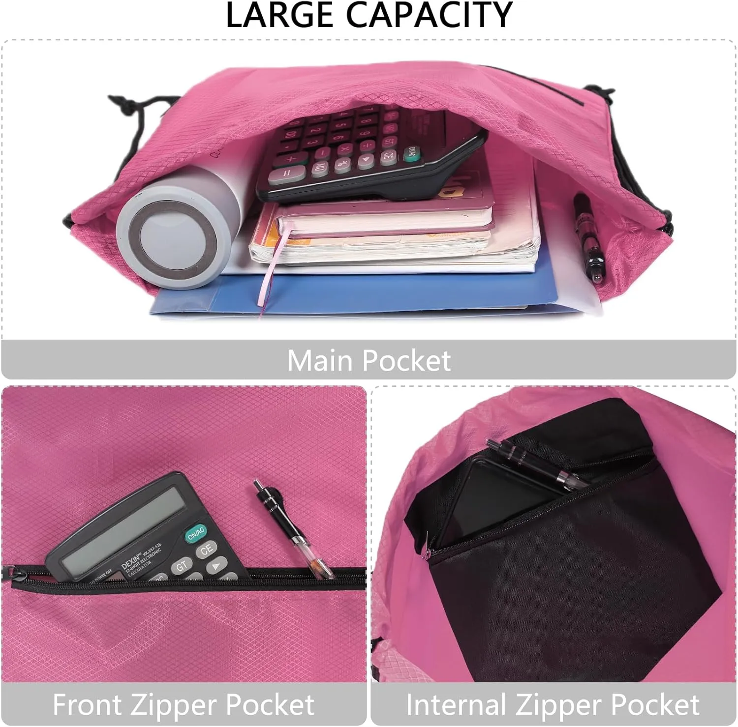GoodtoU Drawstring Backpack Waterproof, Draw String Back Bag with Zipper Pocket Cinch Bags Swim Gym Backpack for Men Women (Pink 2 pcs)