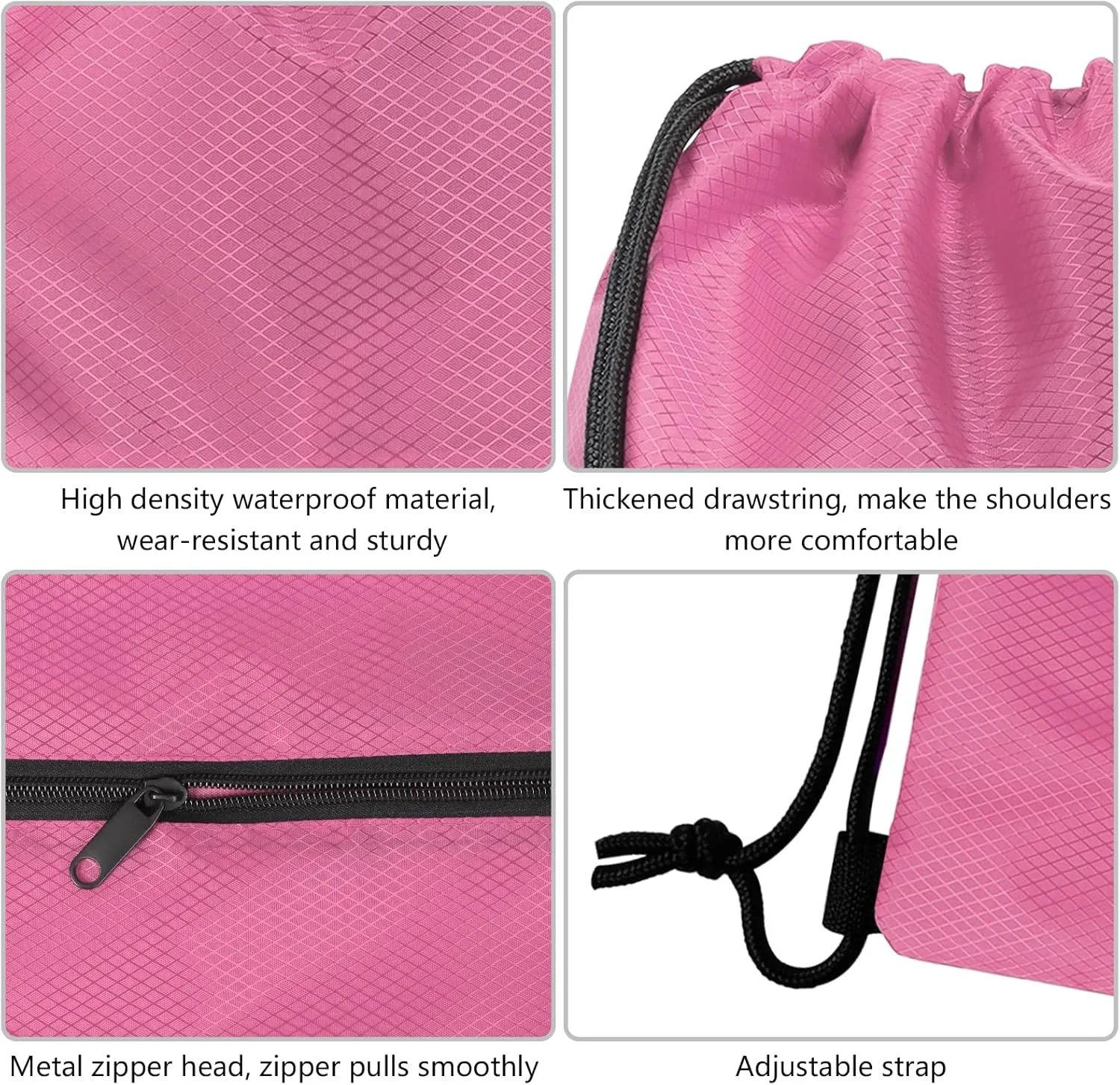 GoodtoU Drawstring Backpack Waterproof, Draw String Back Bag with Zipper Pocket Cinch Bags Swim Gym Backpack for Men Women (Pink 2 pcs)