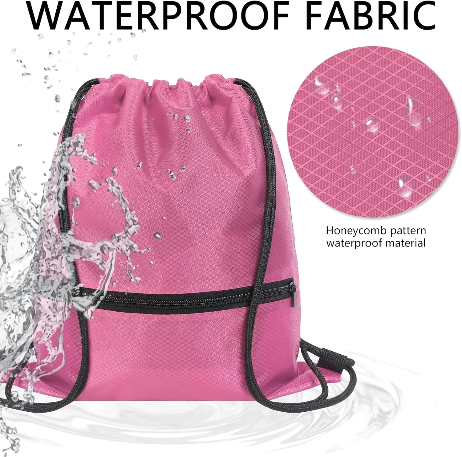 GoodtoU Drawstring Backpack Waterproof, Draw String Back Bag with Zipper Pocket Cinch Bags Swim Gym Backpack for Men Women (Pink 2 pcs)