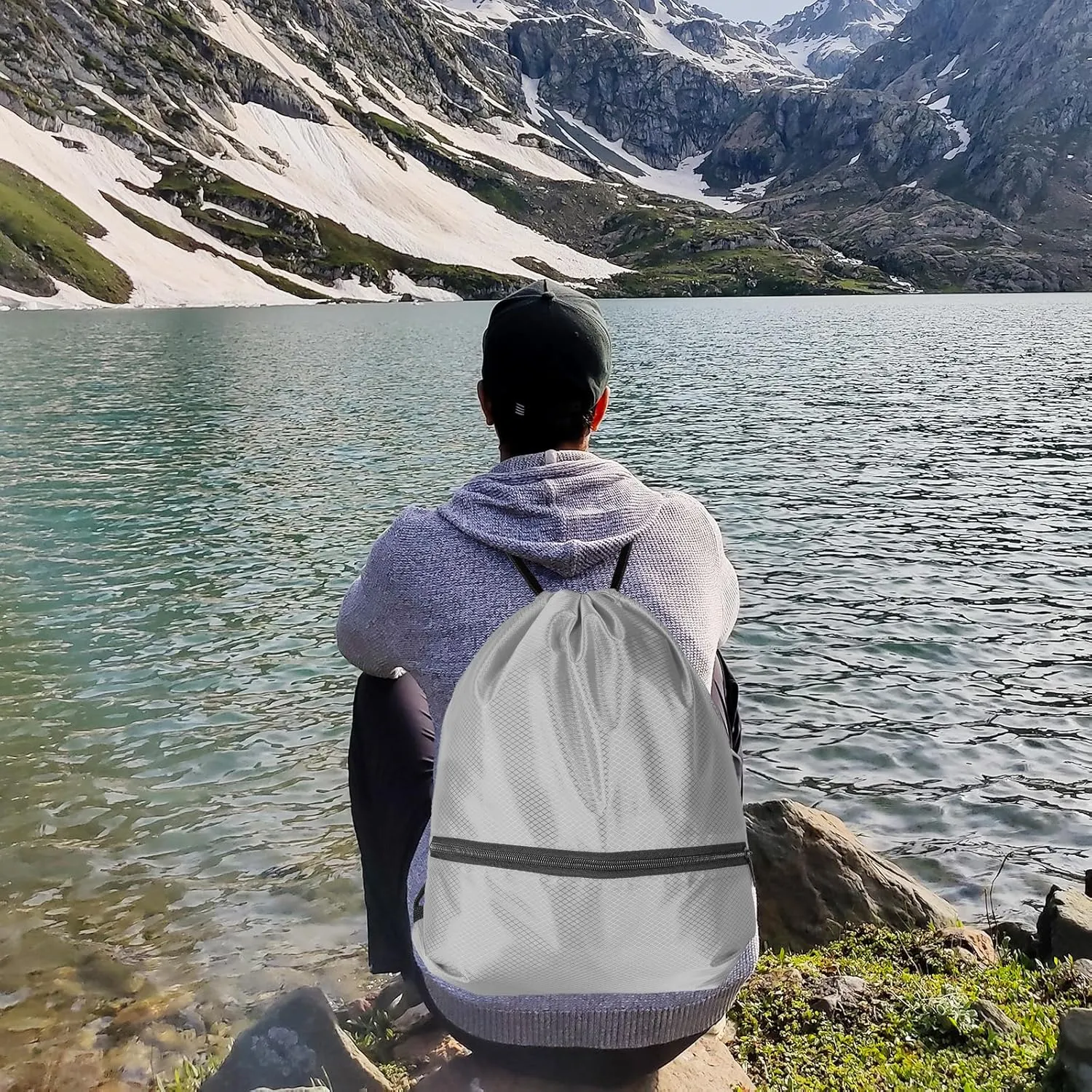 GoodtoU Drawstring Backpack Waterproof With Zipper Pocket - Cinch Bag, Swim and Gym Backpack for Men and Women (Grey 2 Pcs)