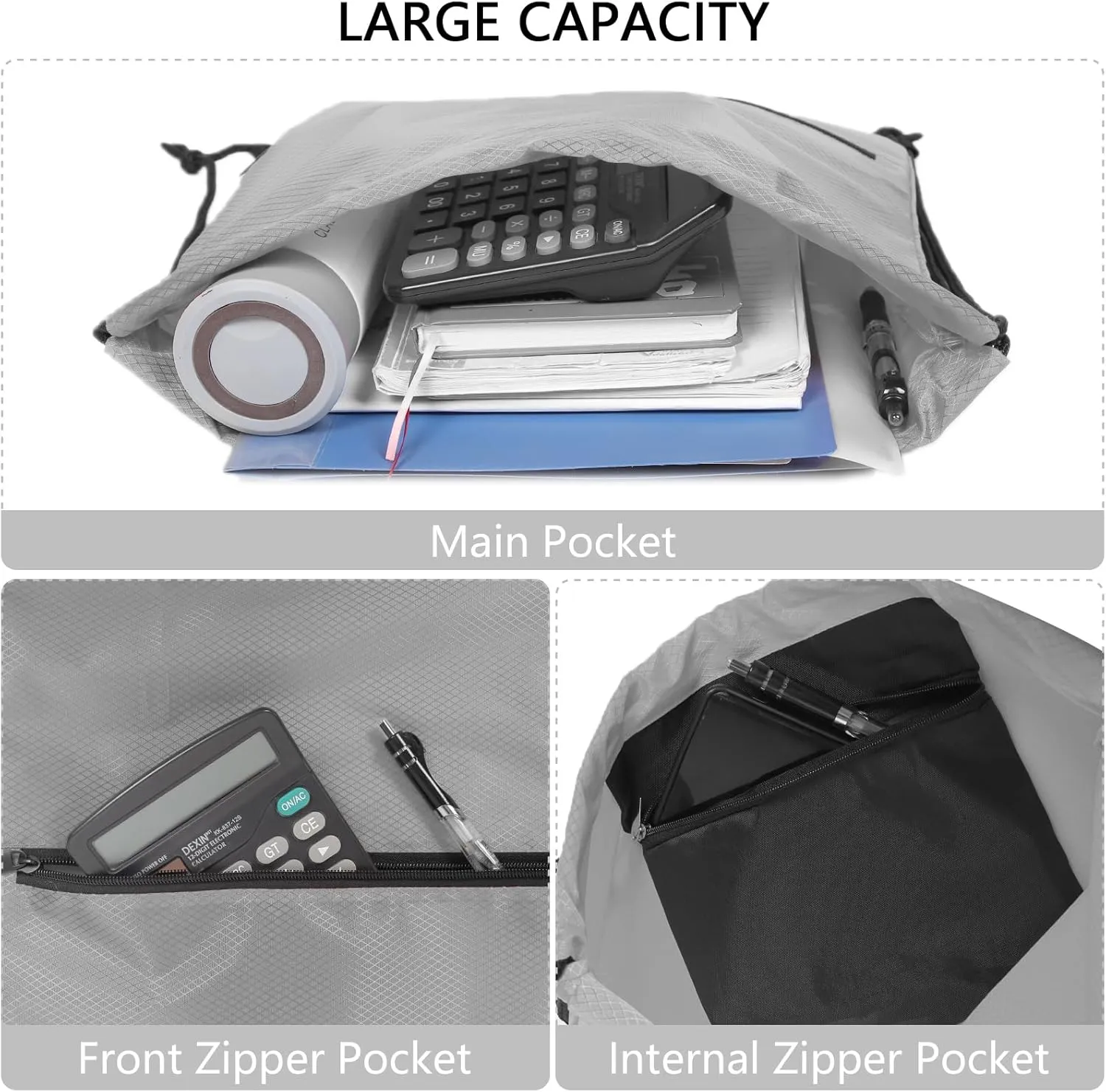 GoodtoU Drawstring Backpack Waterproof With Zipper Pocket - Cinch Bag, Swim and Gym Backpack for Men and Women (Grey 2 Pcs)