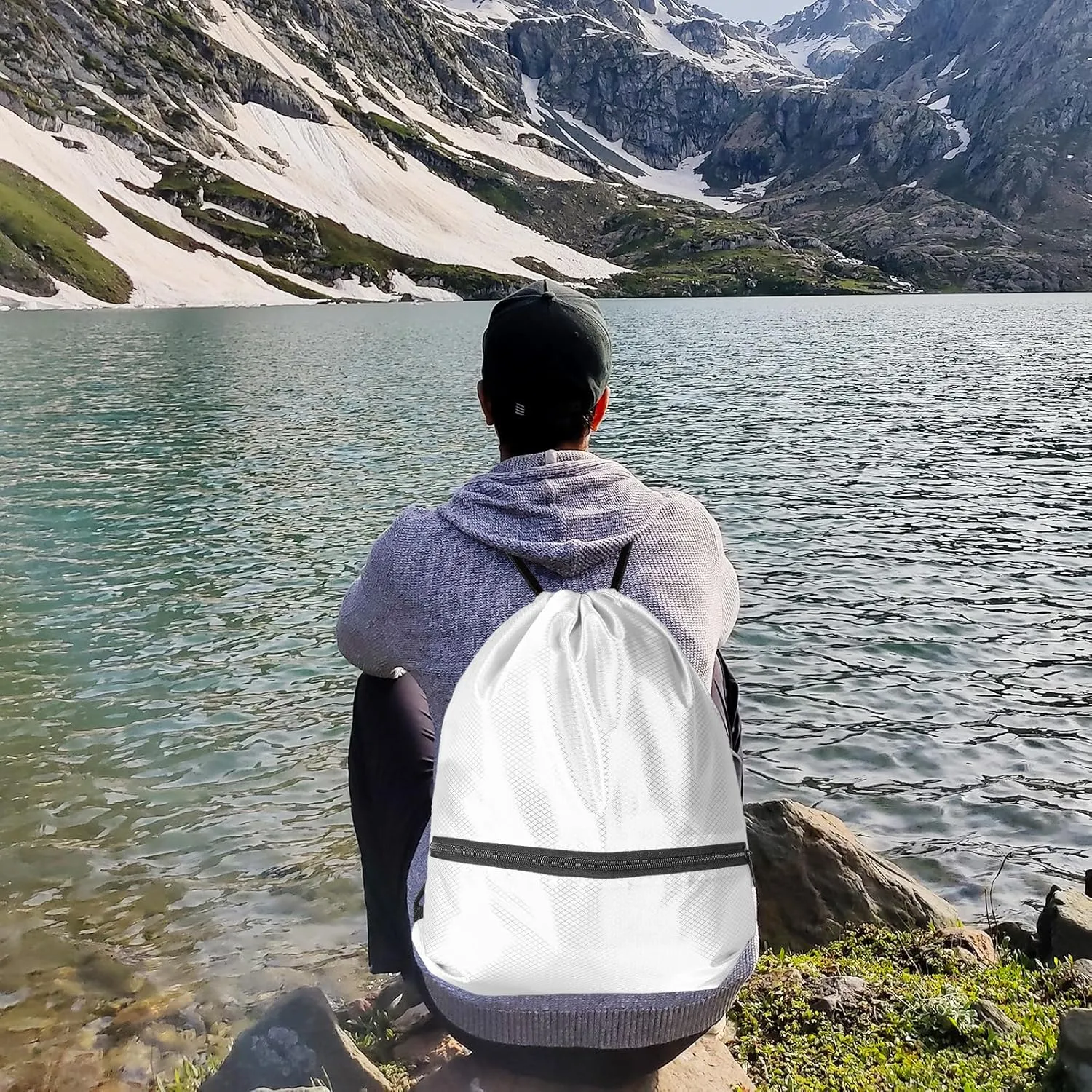 GoodtoU Gym Bags, Waterproof Cinch Bags with Zipper Pocket, Swim Backpack for Men Women (White 2 pcs)
