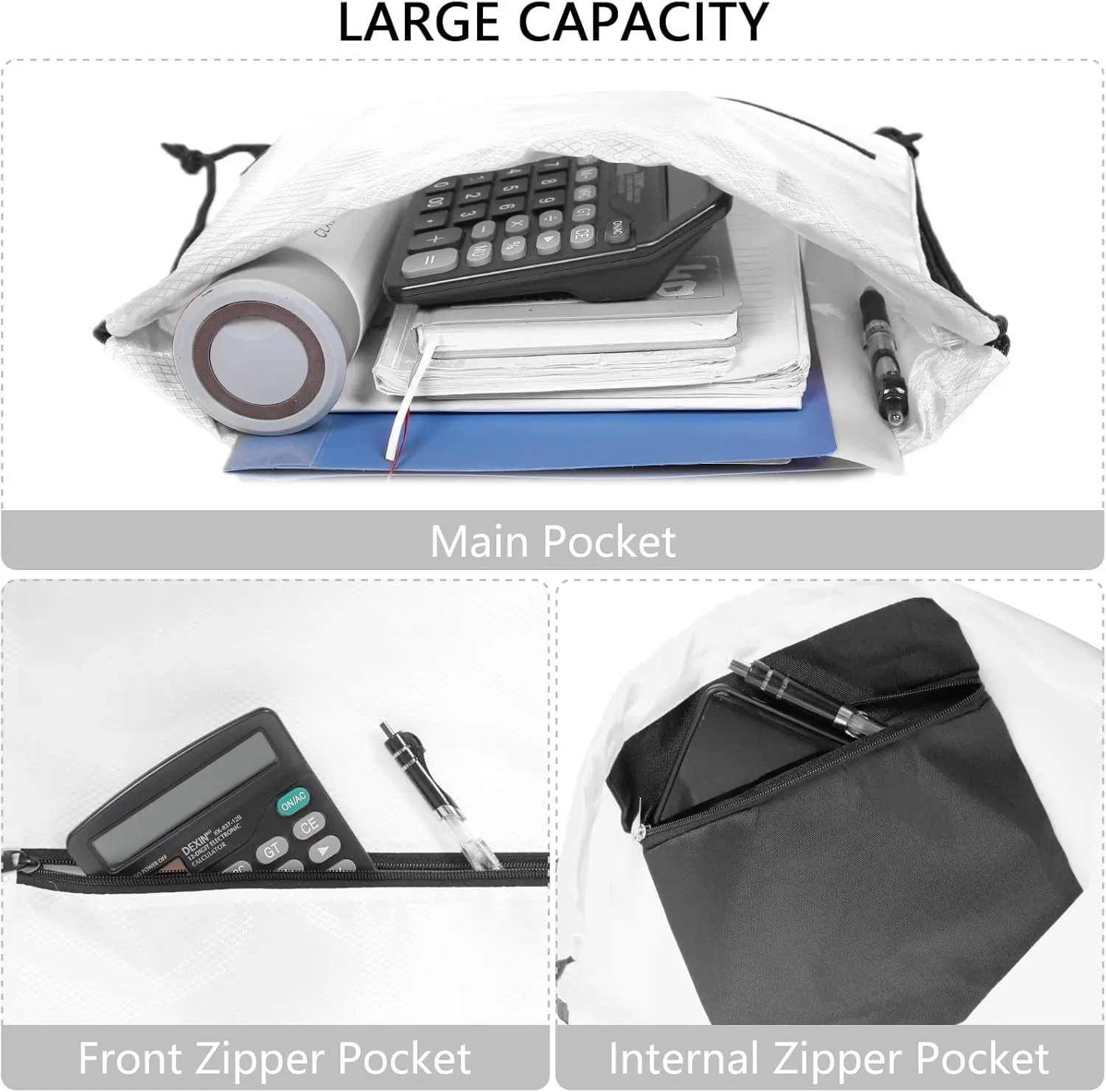 GoodtoU Gym Bags, Waterproof Cinch Bags with Zipper Pocket, Swim Backpack for Men Women (White 2 pcs)
