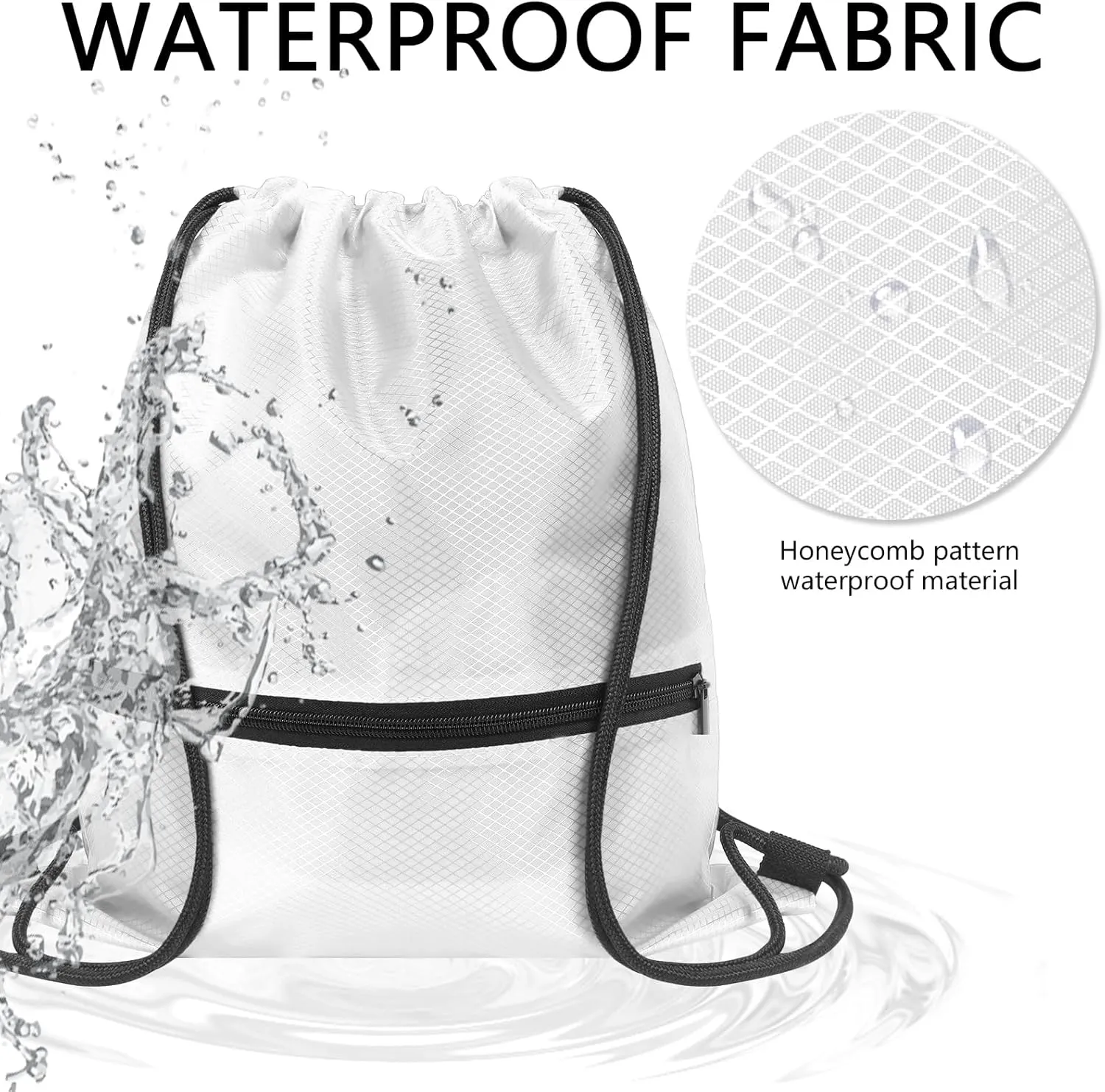 GoodtoU Gym Bags, Waterproof Cinch Bags with Zipper Pocket, Swim Backpack for Men Women (White 2 pcs)