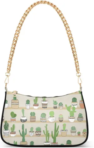 Hand Drawn Cactuses Flower Cacti Shoulder Handbags for Women Travel Hobo Tote Handbag Women Gold Chain Shoulder Bags Purse with Zipper Closure