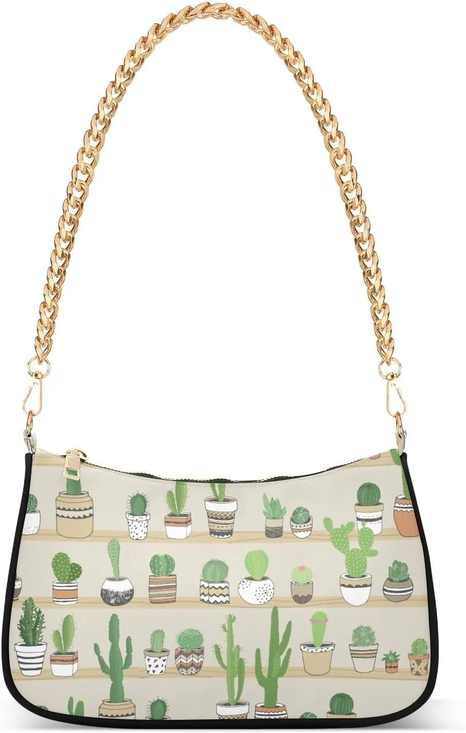 Hand Drawn Cactuses Flower Cacti Shoulder Handbags for Women Travel Hobo Tote Handbag Women Gold Chain Shoulder Bags Purse with Zipper Closure