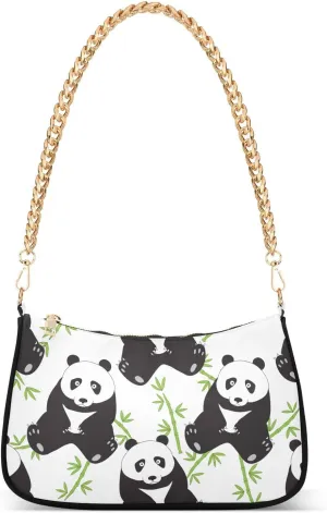 Hand-drawn Cute Pandas Shoulder Handbags for Women Travel Hobo Tote Handbag Women Gold Chain Shoulder Bags Purse with Zipper Closure