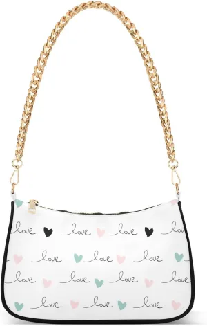 Hand Written Heart Love Shoulder Handbags for Women Travel Hobo Tote Handbag Women Gold Chain Shoulder Bags Purse with Zipper Closure