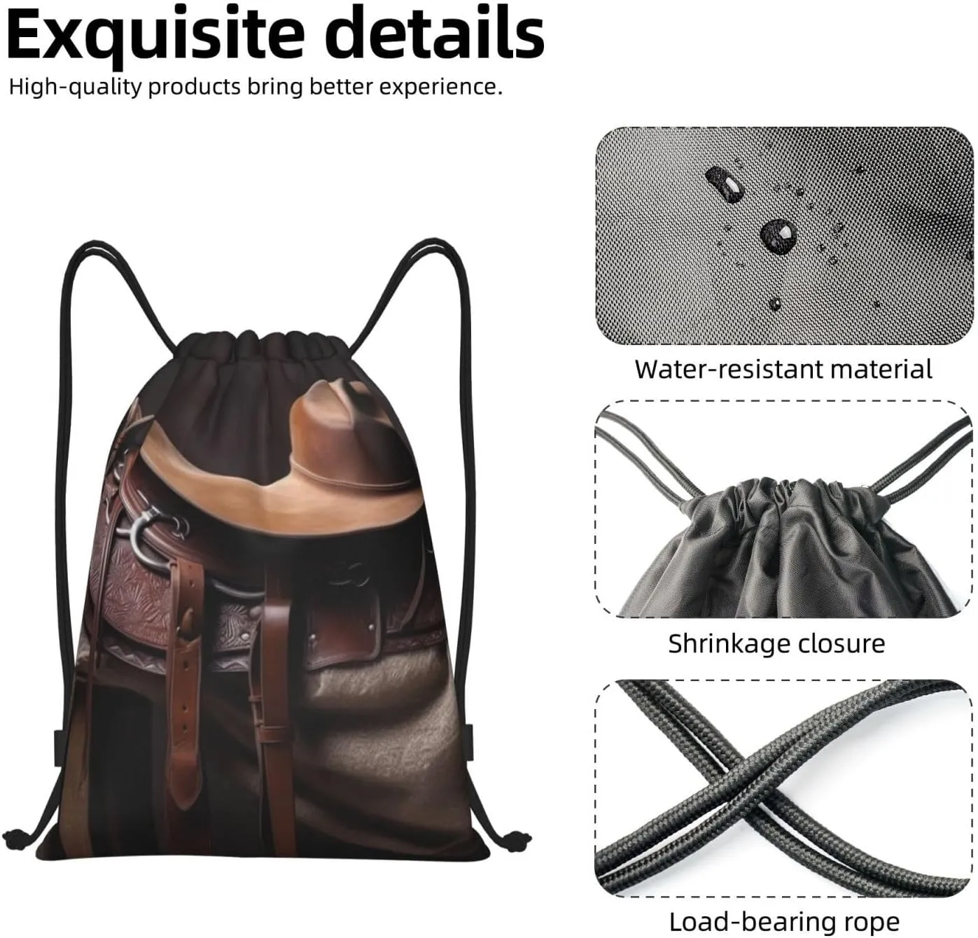 Horse Saddle with a Cowboy Hat Wild Drawstring Backpack Draw String Bag Waterproof Sports Bag Gym Cinch Bags for Women Men, Small, Black