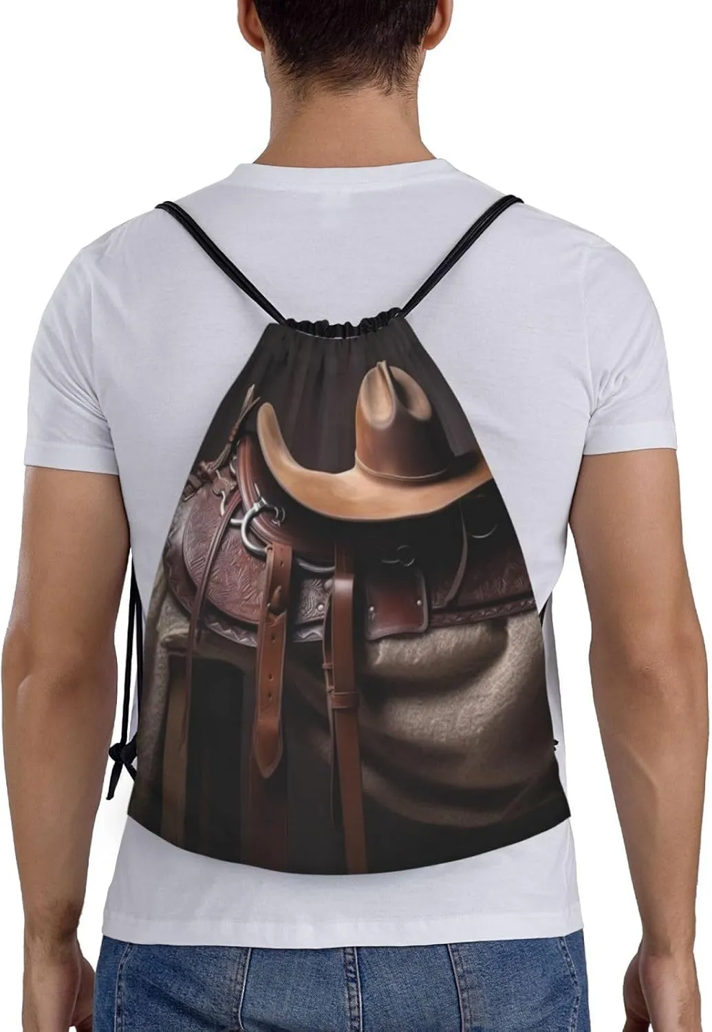Horse Saddle with a Cowboy Hat Wild Drawstring Backpack Draw String Bag Waterproof Sports Bag Gym Cinch Bags for Women Men, Small, Black