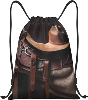 Horse Saddle with a Cowboy Hat Wild Drawstring Backpack Draw String Bag Waterproof Sports Bag Gym Cinch Bags for Women Men, Small, Black