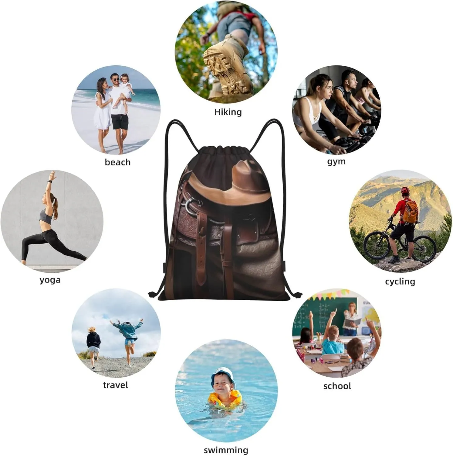 Horse Saddle with a Cowboy Hat Wild Drawstring Backpack Draw String Bag Waterproof Sports Bag Gym Cinch Bags for Women Men, Small, Black