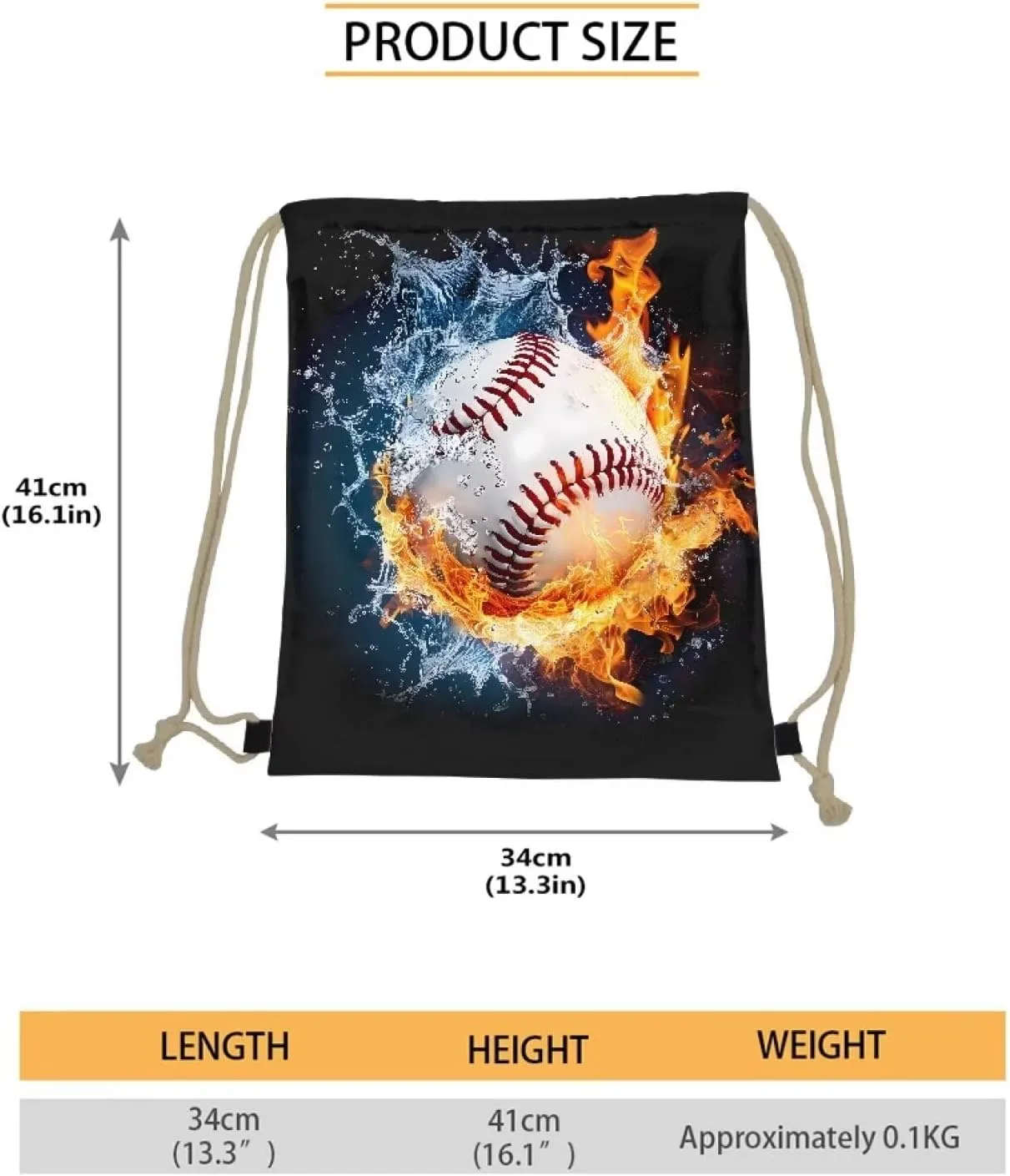 INSTANTARTS Baseball Drawstring Backpacks Polyester Water and Fire Print Training Gymsack Reusable Foldable String Storage Pouch for Boys Men