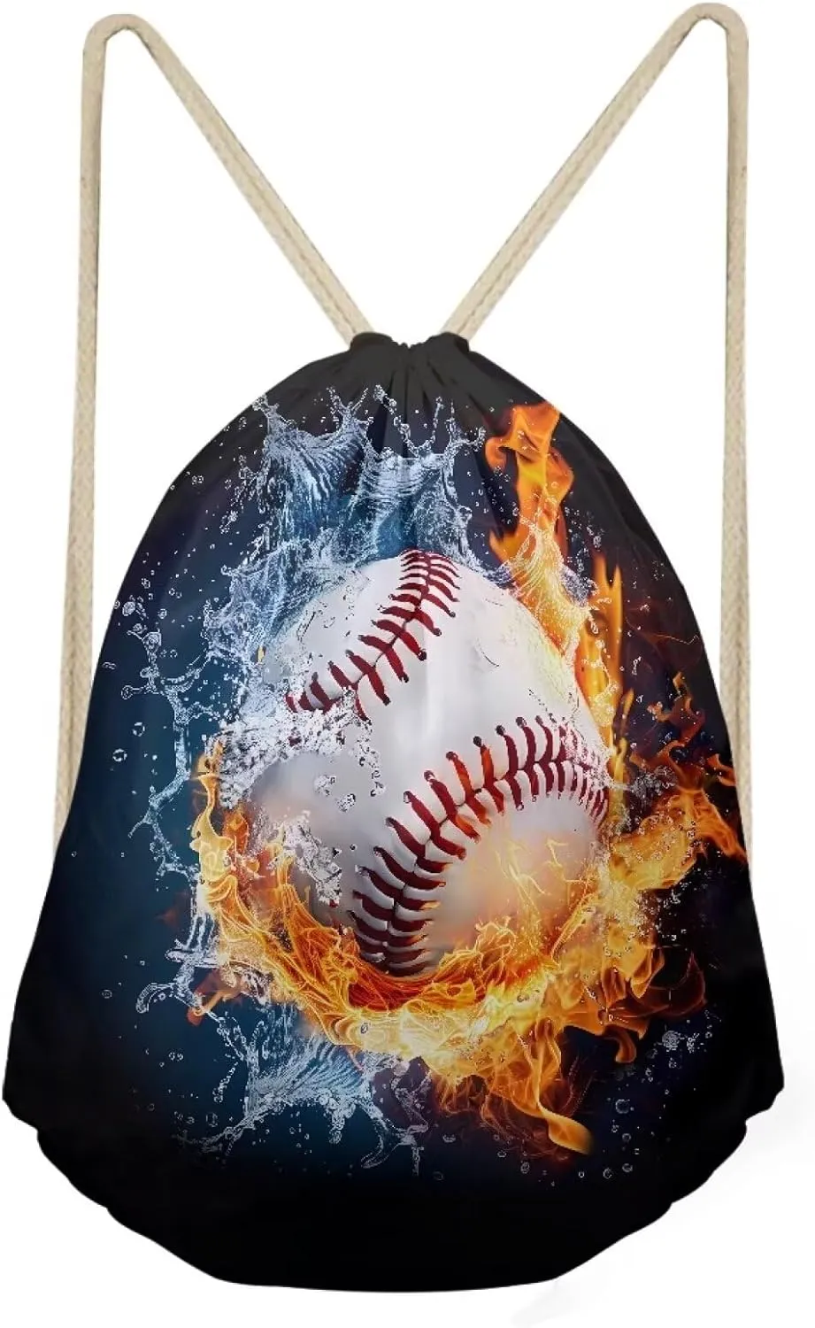 INSTANTARTS Baseball Drawstring Backpacks Polyester Water and Fire Print Training Gymsack Reusable Foldable String Storage Pouch for Boys Men