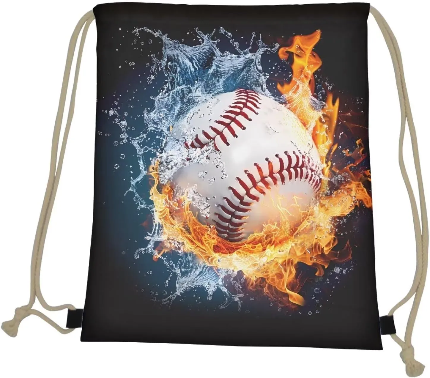 INSTANTARTS Baseball Drawstring Backpacks Polyester Water and Fire Print Training Gymsack Reusable Foldable String Storage Pouch for Boys Men