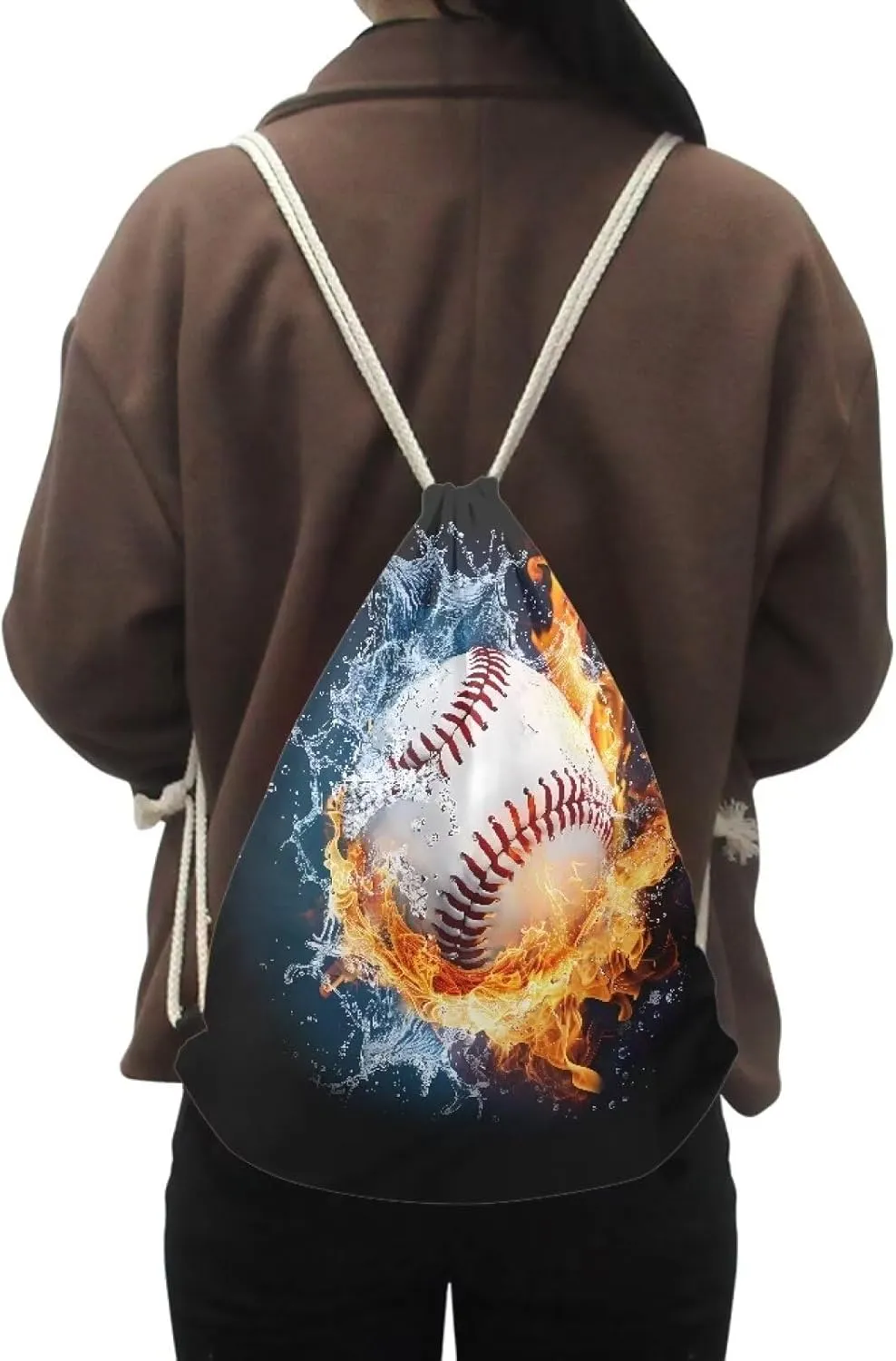 INSTANTARTS Baseball Drawstring Backpacks Polyester Water and Fire Print Training Gymsack Reusable Foldable String Storage Pouch for Boys Men