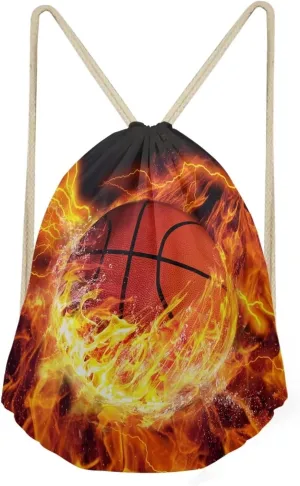 INSTANTARTS Basketball Boys Drawstring Backpacks Flame Foldable String Bags Lightweight Shoulder Satchel Pouch for Shopping Yoga Hiking