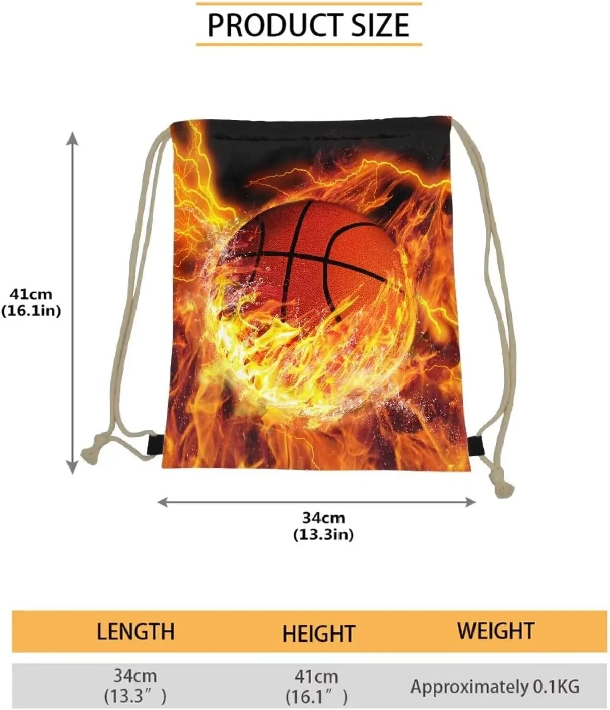 INSTANTARTS Basketball Boys Drawstring Backpacks Flame Foldable String Bags Lightweight Shoulder Satchel Pouch for Shopping Yoga Hiking