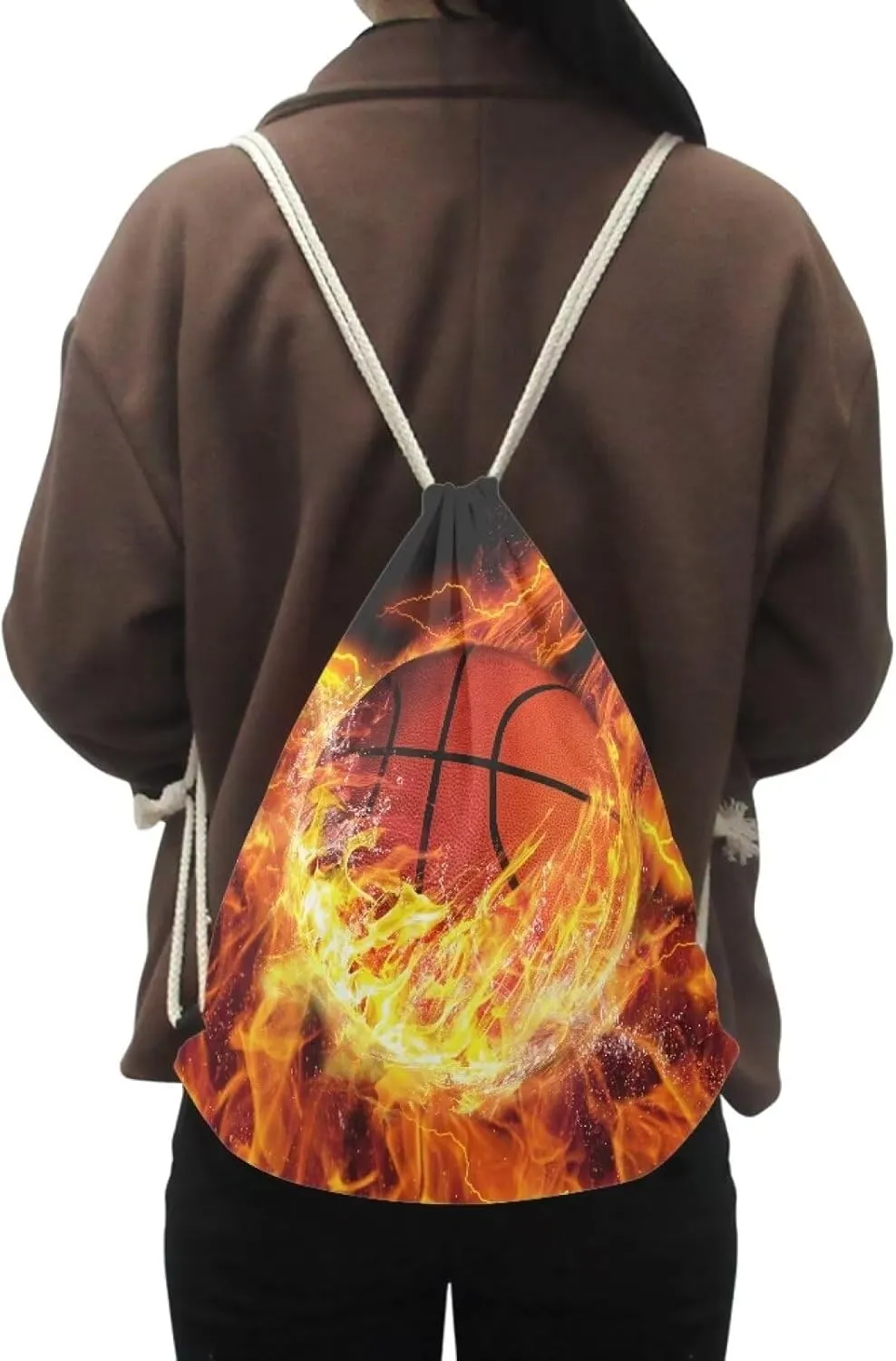 INSTANTARTS Basketball Boys Drawstring Backpacks Flame Foldable String Bags Lightweight Shoulder Satchel Pouch for Shopping Yoga Hiking