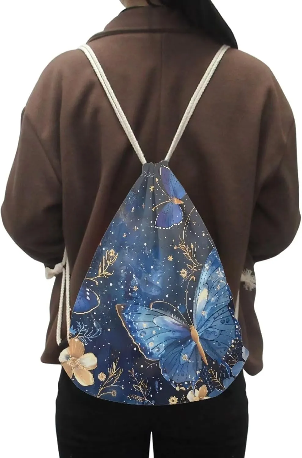 INSTANTARTS Butterfly Drawstring Backpacks Women Girls Polyester Durable Training Gymsack Reusable Foldable String Storage Pouch