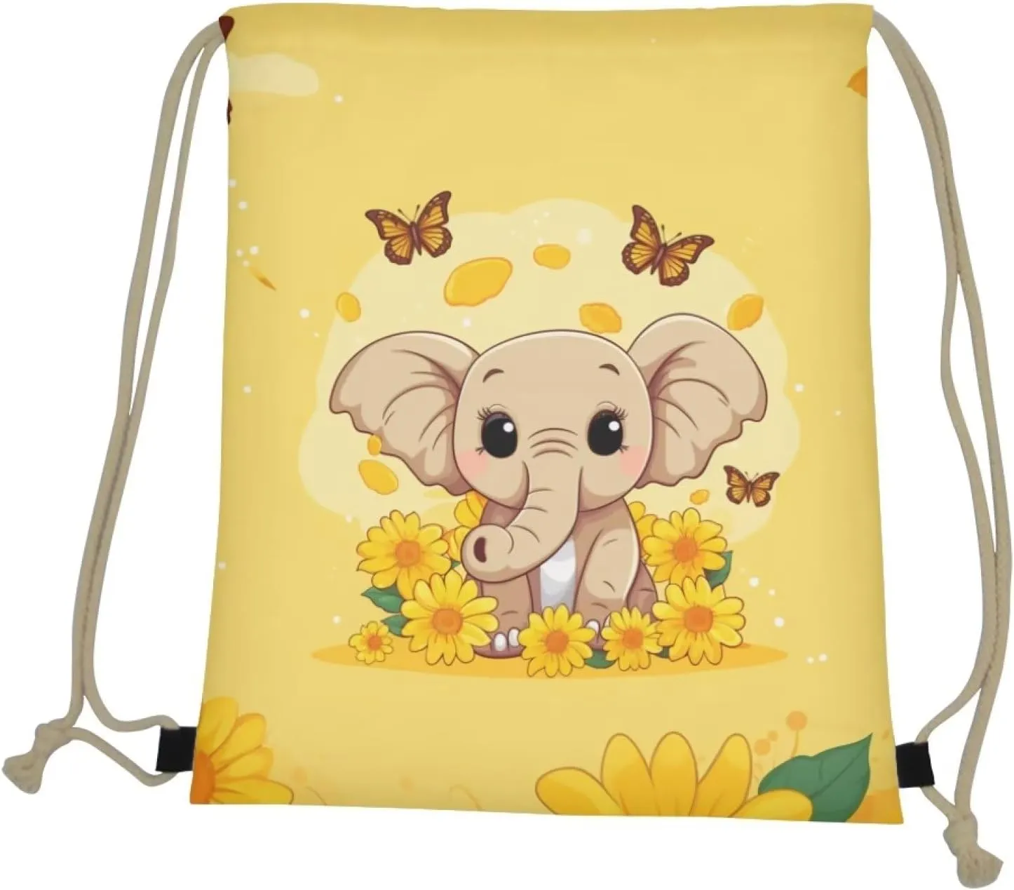 INSTANTARTS Sunflower Butterfly Elephant Drawstring Backpacks for Teen Girls Outdoor Sports Packs Yellow Foldable Reusable Travel Gym Swimming String Bags
