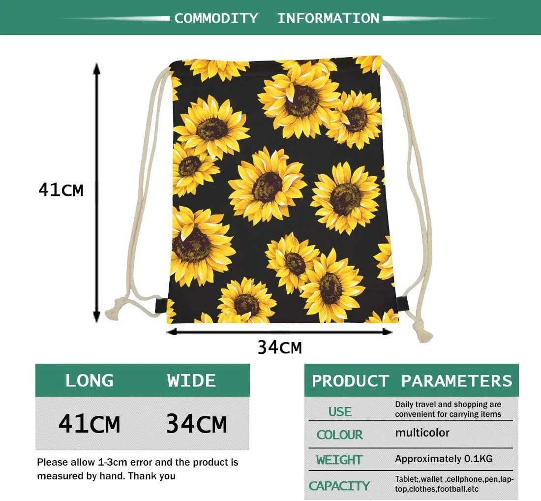 INSTANTARTS Sunflower Butterfly Elephant Drawstring Backpacks for Teen Girls Outdoor Sports Packs Yellow Foldable Reusable Travel Gym Swimming String Bags