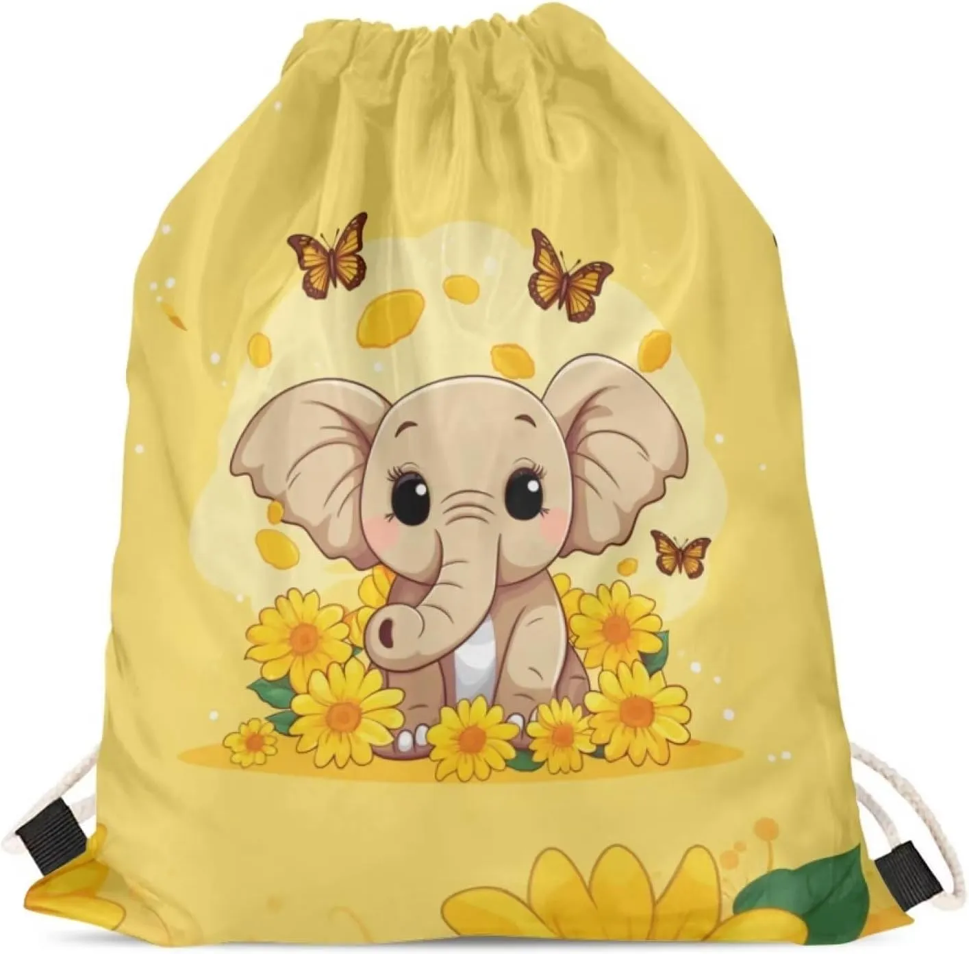 INSTANTARTS Sunflower Butterfly Elephant Drawstring Backpacks for Teen Girls Outdoor Sports Packs Yellow Foldable Reusable Travel Gym Swimming String Bags