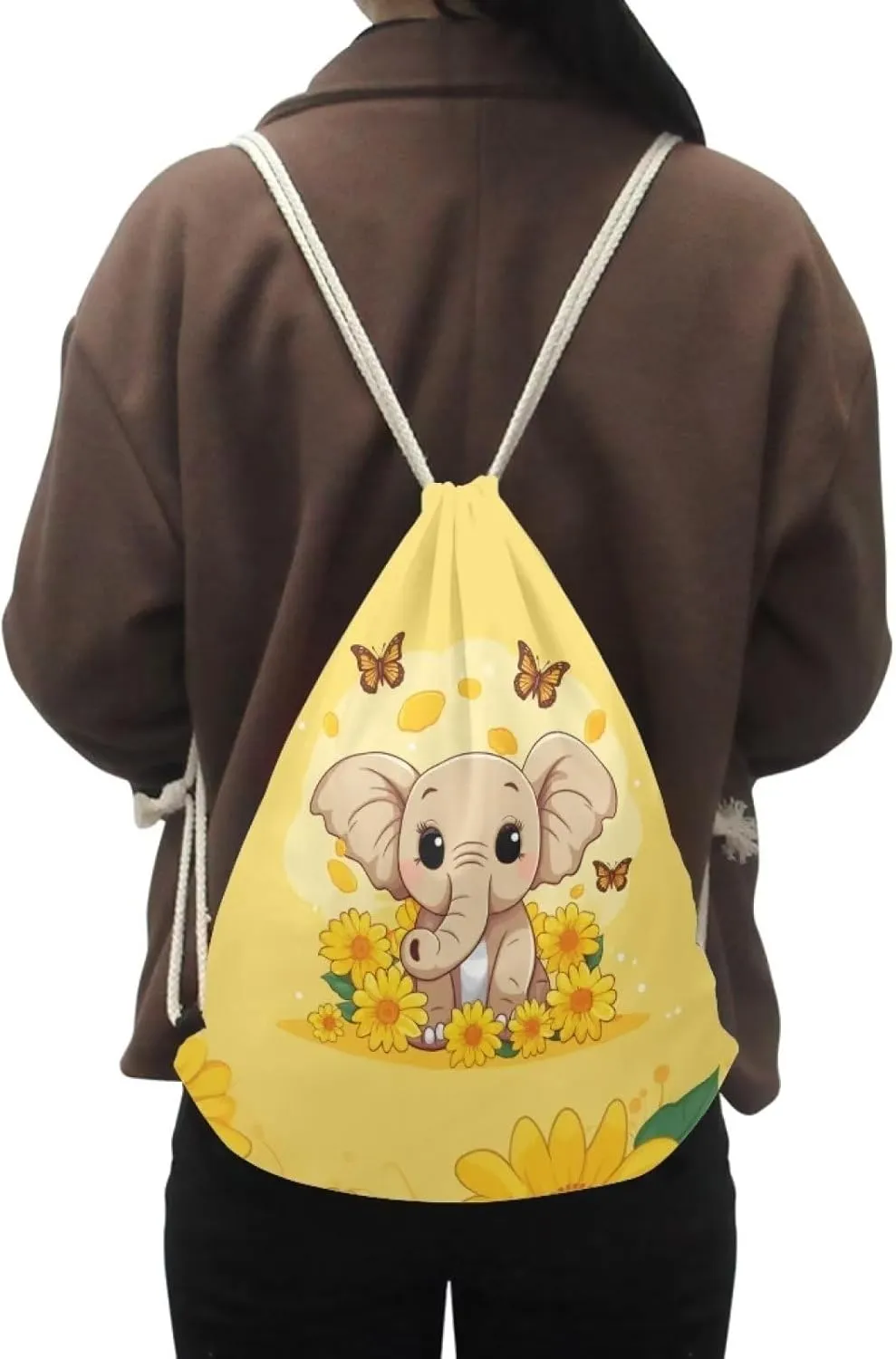 INSTANTARTS Sunflower Butterfly Elephant Drawstring Backpacks for Teen Girls Outdoor Sports Packs Yellow Foldable Reusable Travel Gym Swimming String Bags