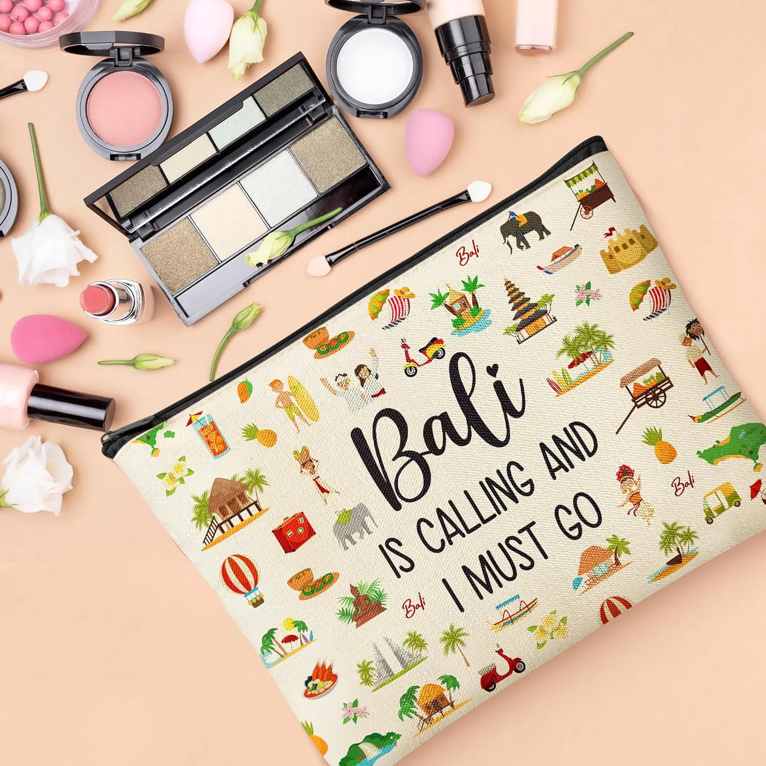 K1tpde Travel Gift Cosmetic Bag - Large Capacity Makeup Bag with Zipper Marker Pattern Trip Gifts for Women Girls Lover Toiletry Case Travel Organizer for Traveler(Bali)