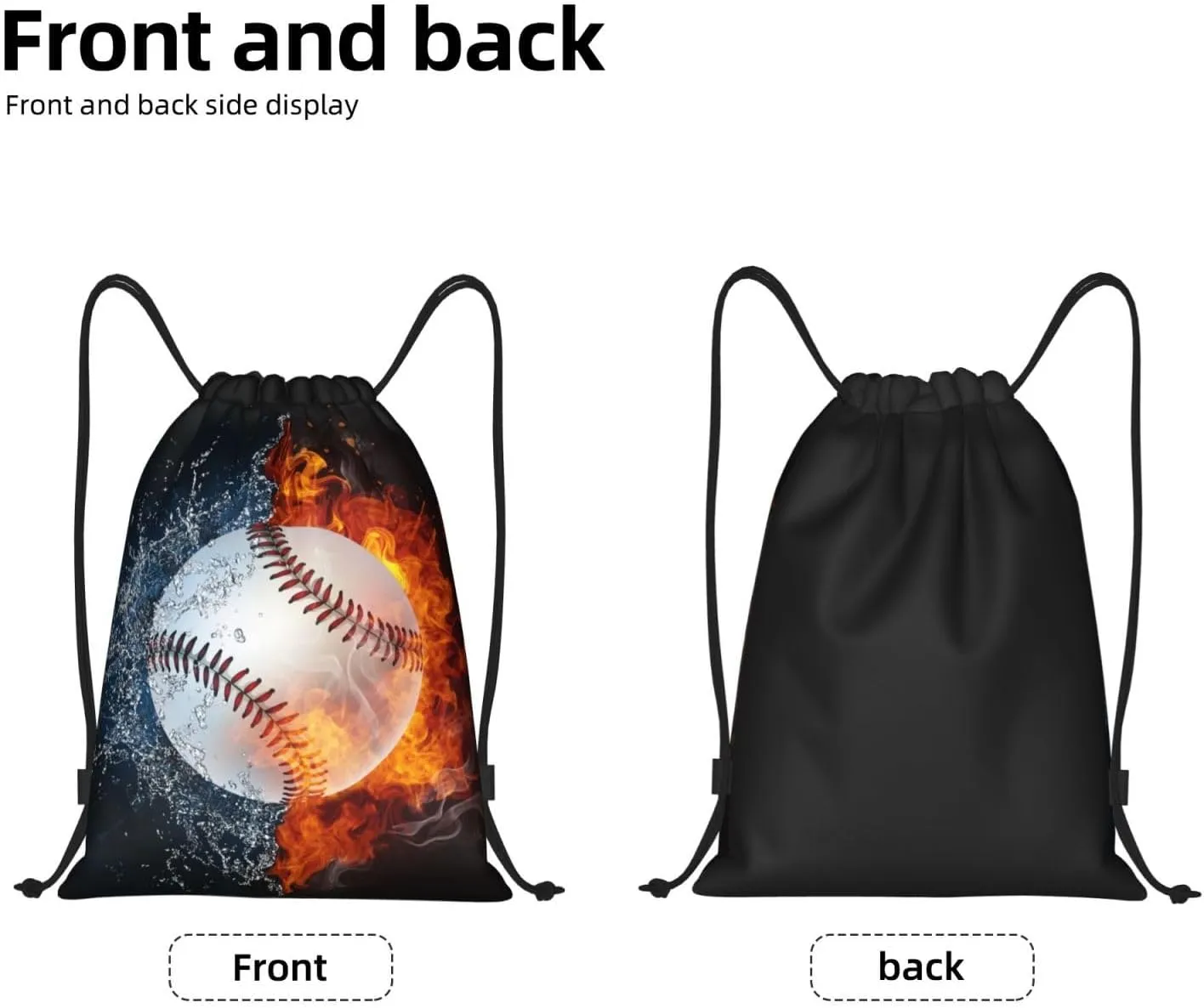 Kids Baseball Drawstring Bags Boys Girls, Cool Sports Drawstring Backpack with Fire and Water Pattern Printed, Black Casual Knapsack Bags for Teens Adults for Gym Travel Swimming Beach Camping, Small
