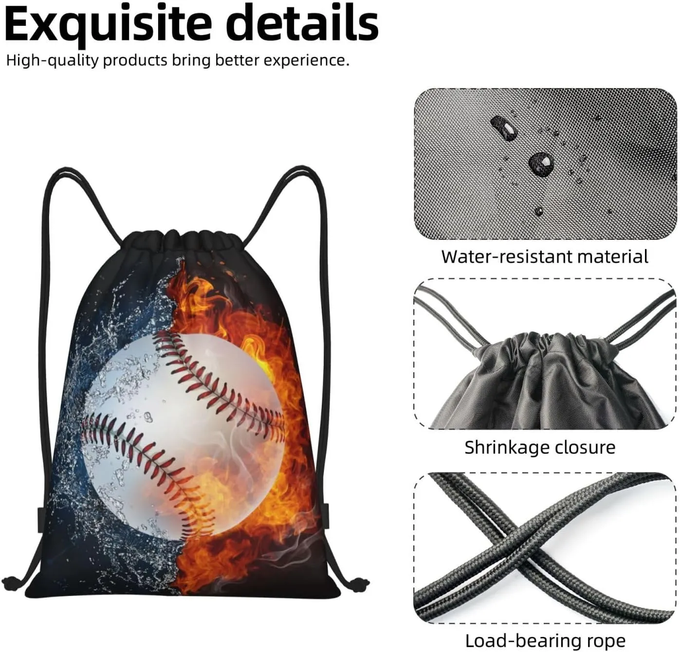 Kids Baseball Drawstring Bags Boys Girls, Cool Sports Drawstring Backpack with Fire and Water Pattern Printed, Black Casual Knapsack Bags for Teens Adults for Gym Travel Swimming Beach Camping, Small