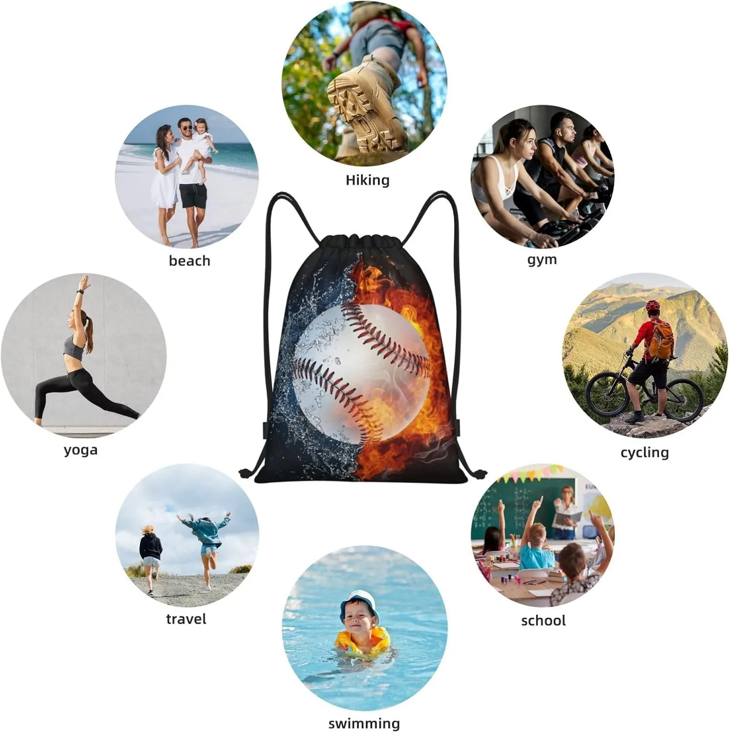Kids Baseball Drawstring Bags Boys Girls, Cool Sports Drawstring Backpack with Fire and Water Pattern Printed, Black Casual Knapsack Bags for Teens Adults for Gym Travel Swimming Beach Camping, Small